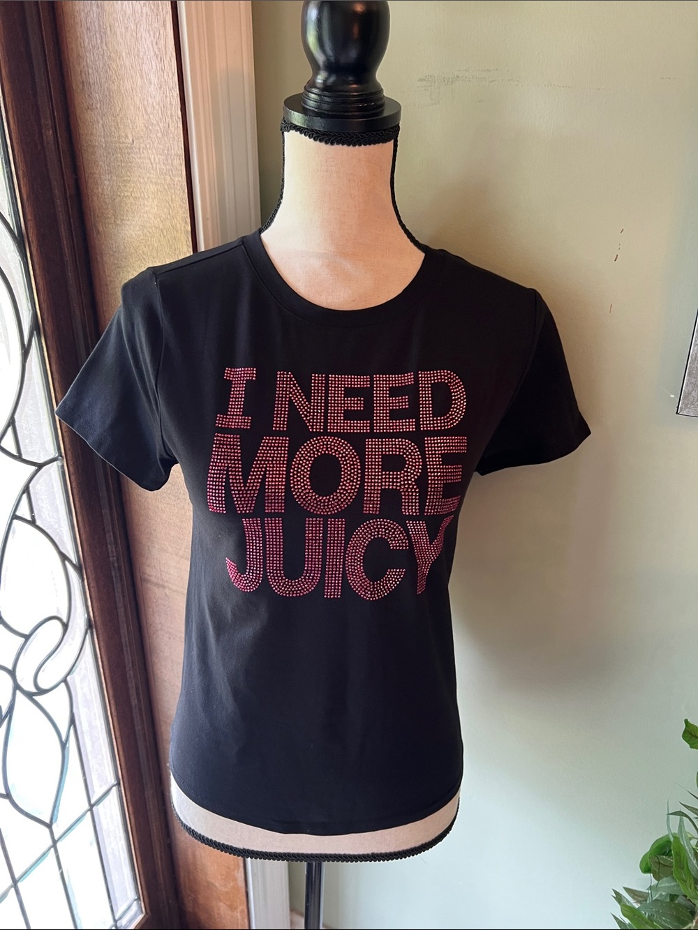 Juicy Couture Black Tee with Pink Rhinestone 'I Need More Juicy' Slogan